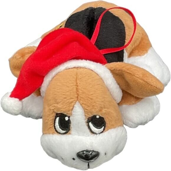 Holiday Beanie Plush Puppy Dog Santa Hat Red Ribbon Embroidered Design By PP - Picture 6 of 7